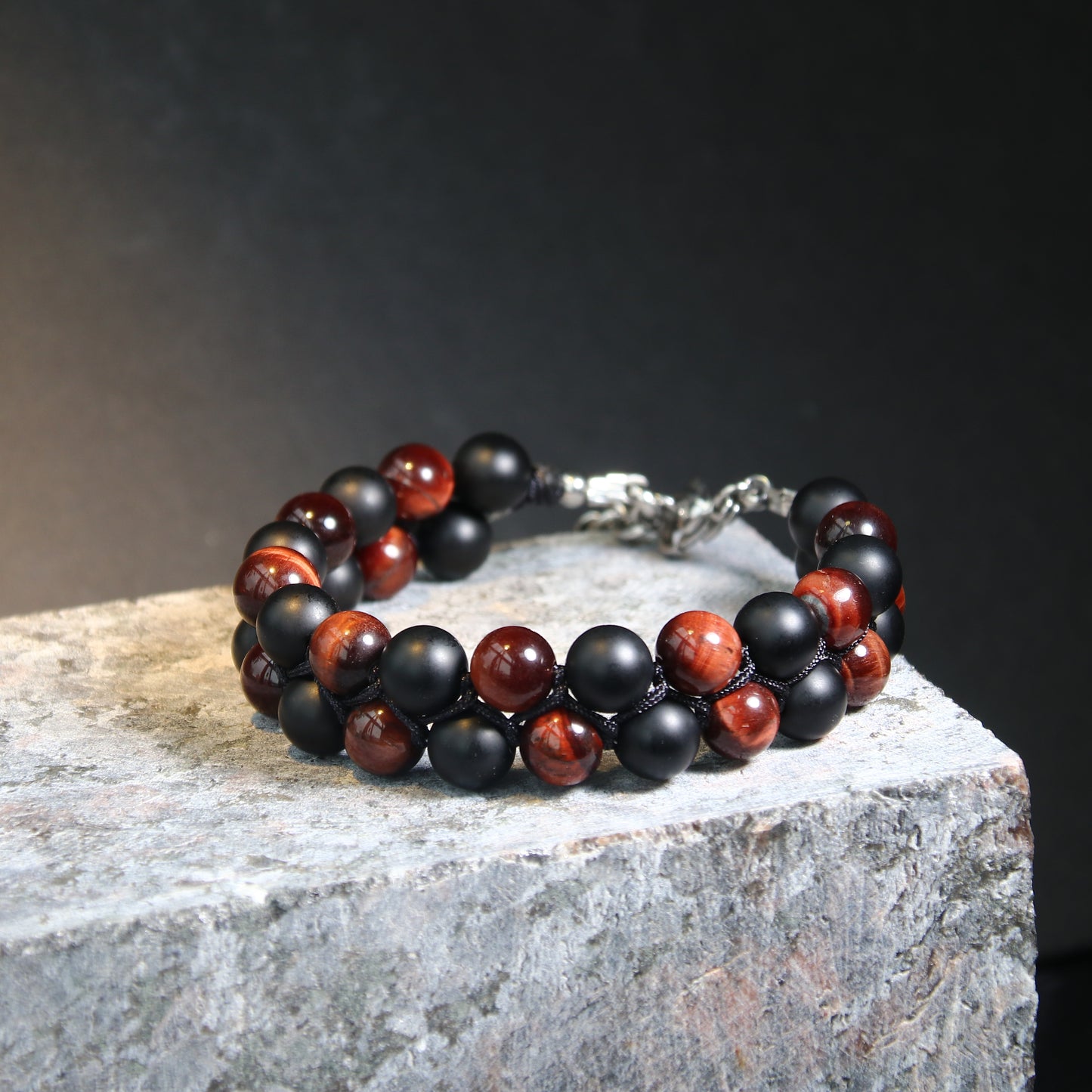 7"Red Tigers Eye Matt Onyx Beads Bracelet