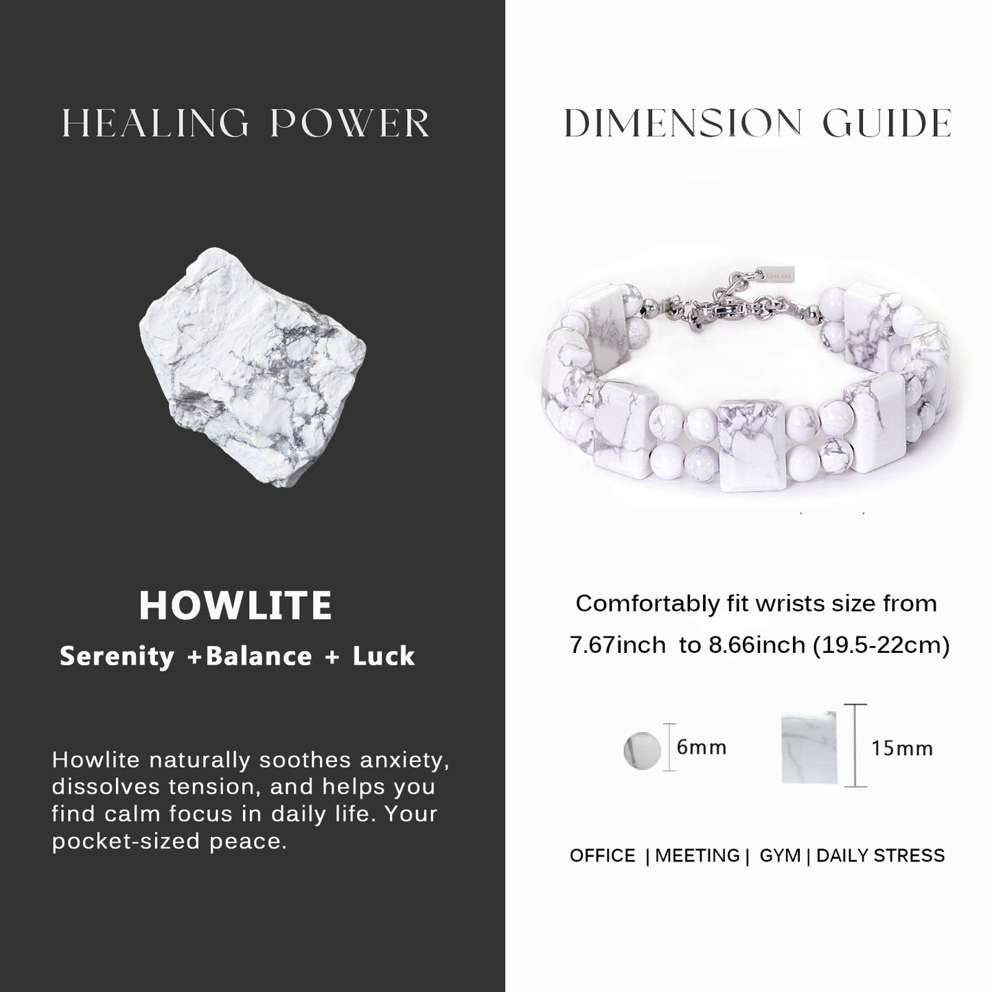 7.5" Durable Adjustable Howlite Bracelet