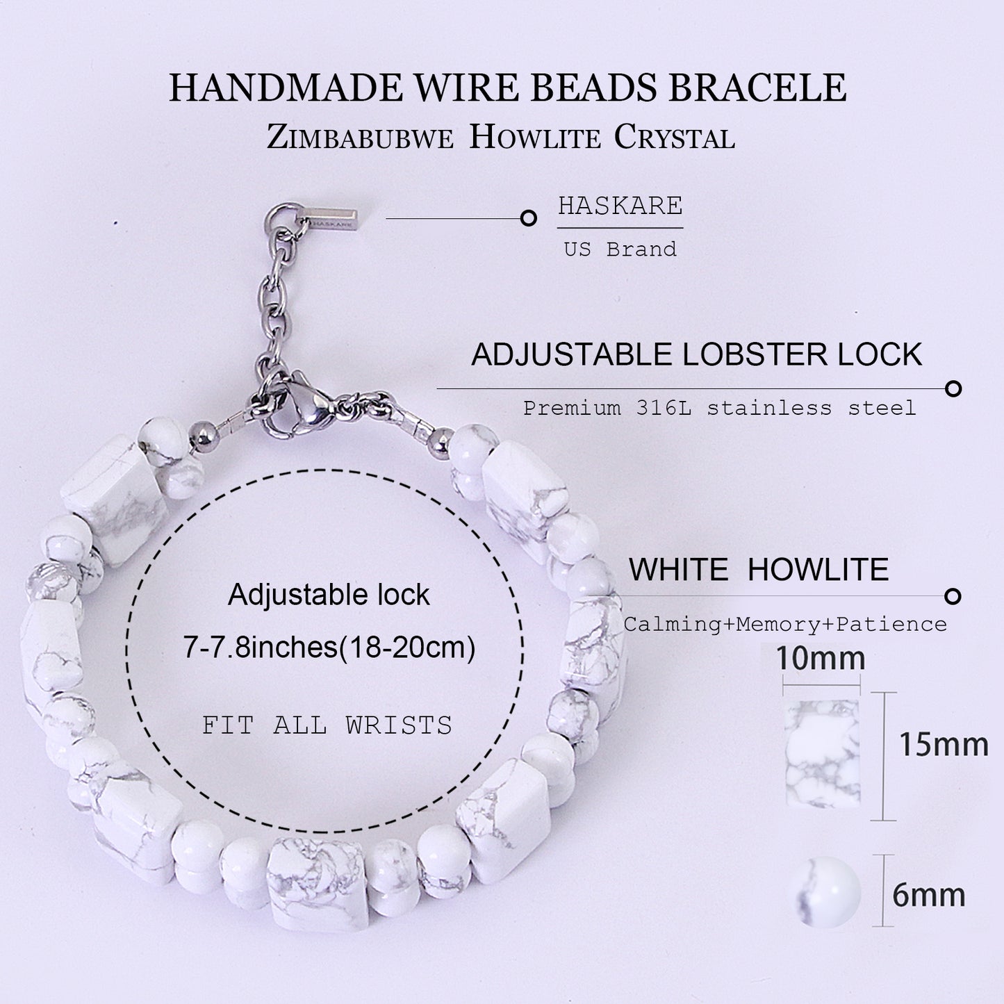 7.5" Durable Adjustable Howlite Bracelet