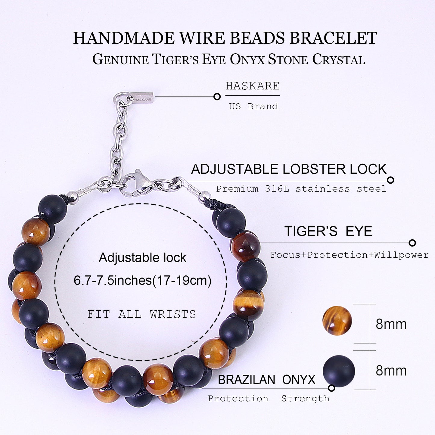 7“ Tigers Eye Matt Onyx Protection Beads Bracelet