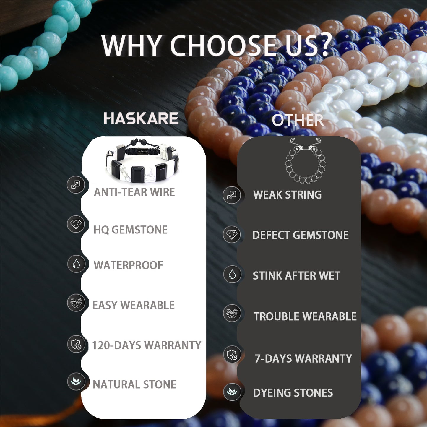 Handmade Howlite Black Obsidian Flatbead Bracelet 7"