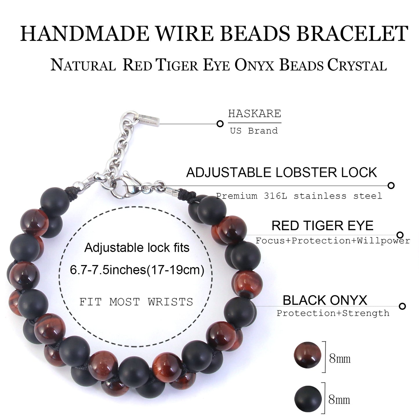 7"Red Tigers Eye Matt Onyx Beads Bracelet