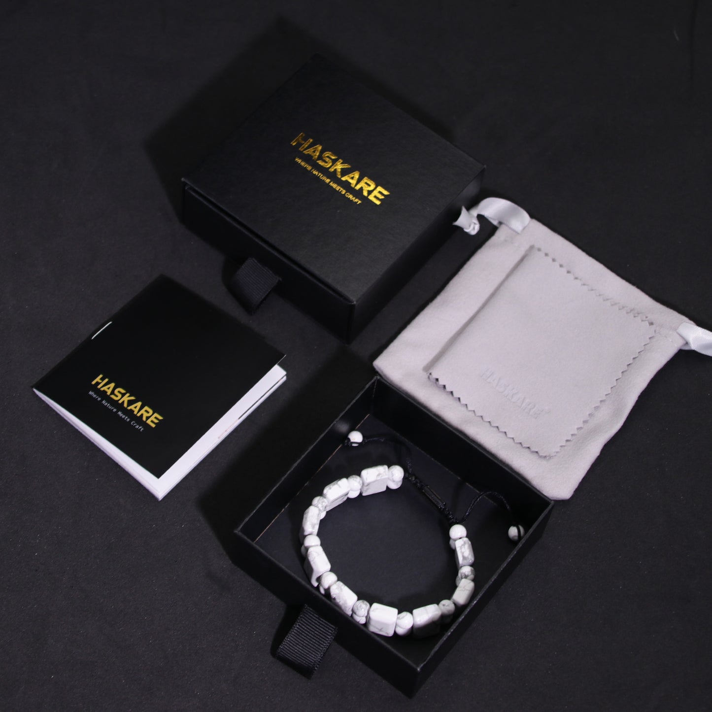 Natural Stone Howlite Rectangular Bead Bracelets (Black Rope)