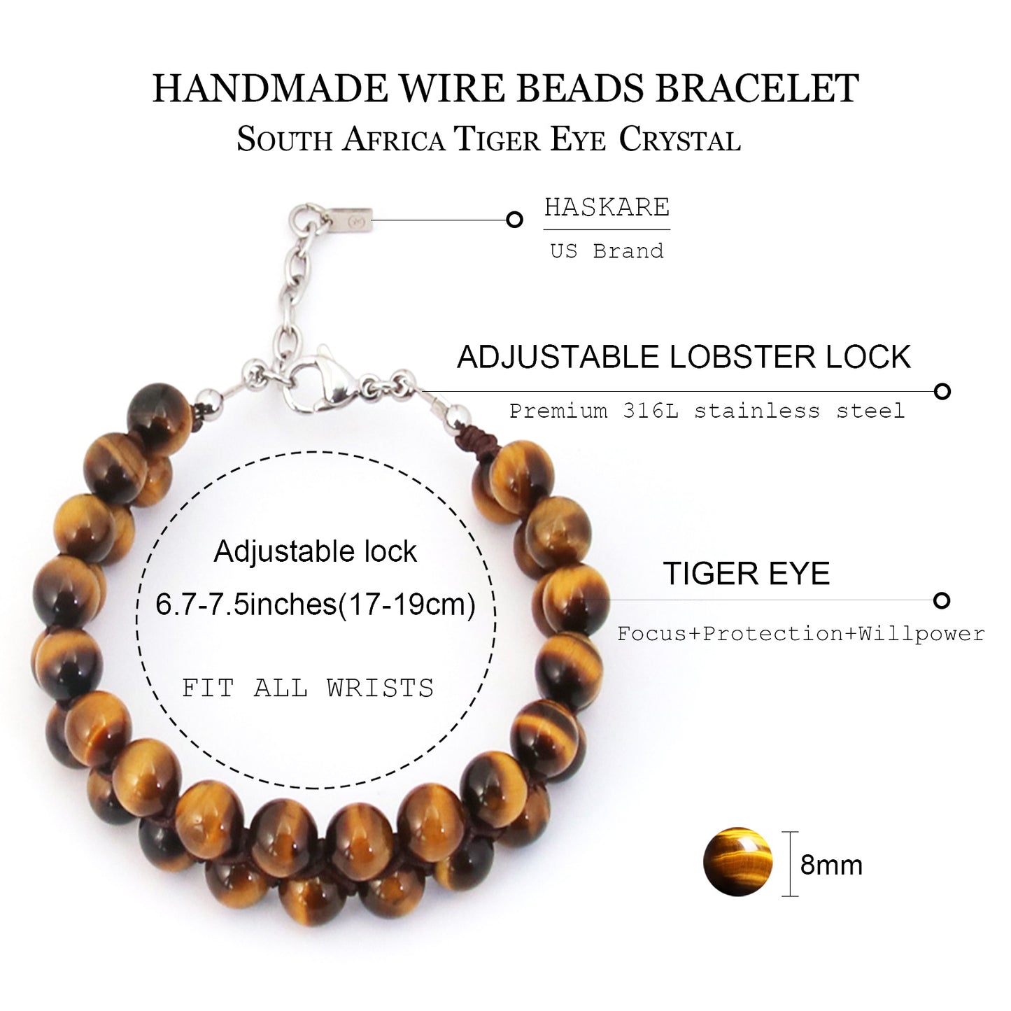 7"Tigers Eye Bracelet 2Row (316L Stainless Steel)