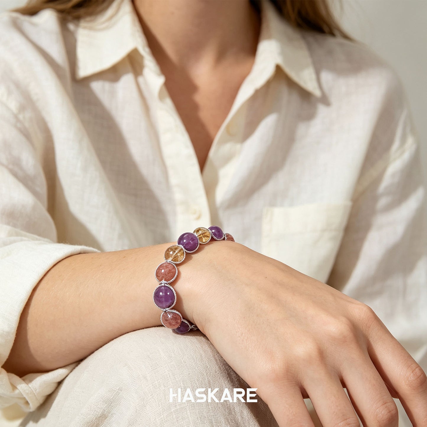 Amphetite, Citrine, and Strawberry Quartz Wrapped Bracelet
