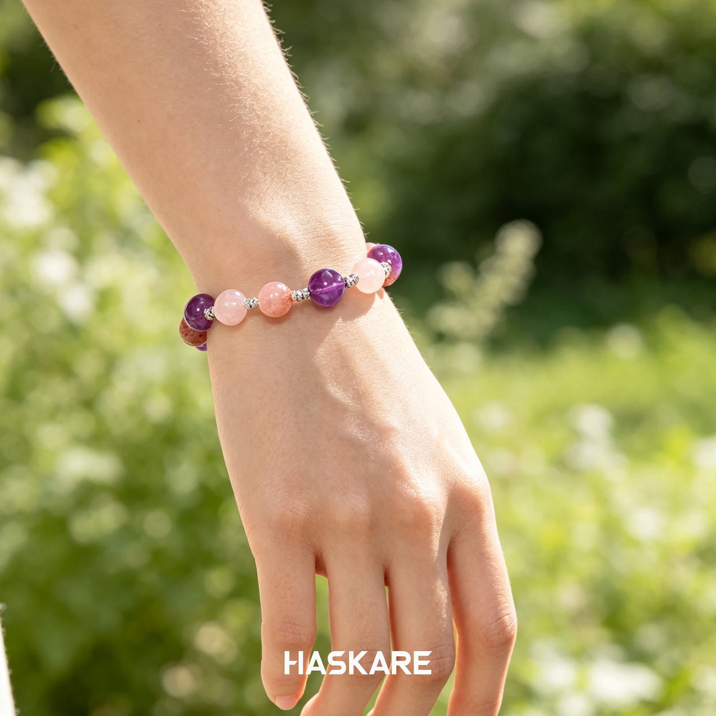Amethyst, Strawberry Quartz, and Clear Quartz Bracelet
