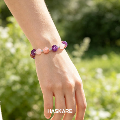 Amethyst, Strawberry Quartz, and Clear Quartz Bracelet