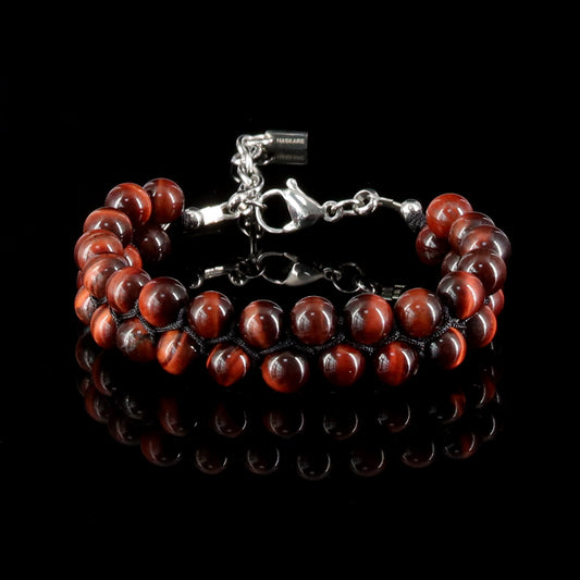 7"Red Tiger Eye Double Row Bracelet (316L Stainless Steel)