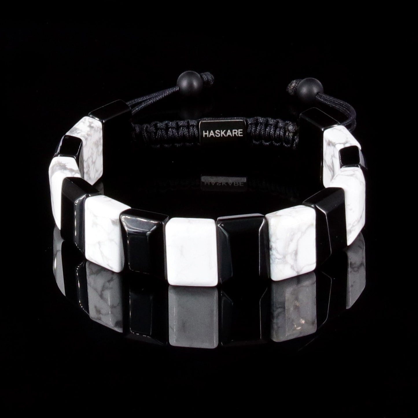 Handmade Howlite Black Obsidian Flat Beaded Bracelet 8"