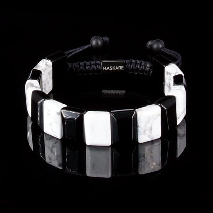 Handmade Howlite Black Obsidian Flat Beaded Bracelet 8"