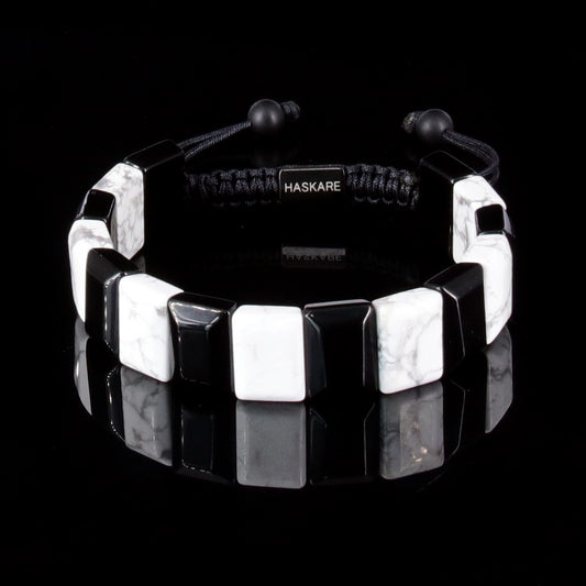 Handmade Howlite Black Obsidian Flat Beaded Bracelet 8"