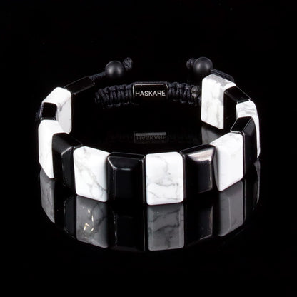 Handmade Howlite Black Obsidian Flatbead Bracelet 7"