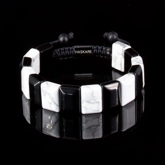 Handmade Howlite Black Obsidian Flatbead Bracelet 7"