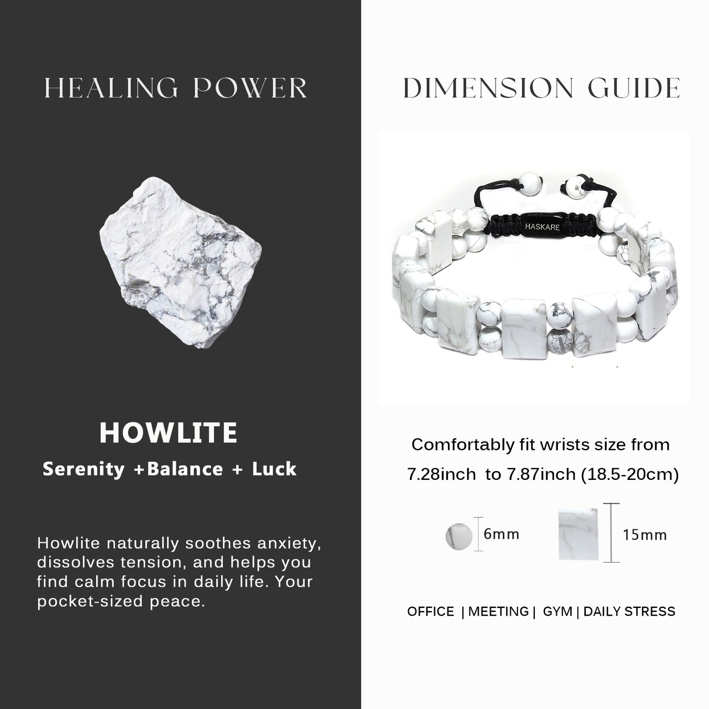 Natural Stone Howlite Rectangular Bead Bracelets (Black Rope)