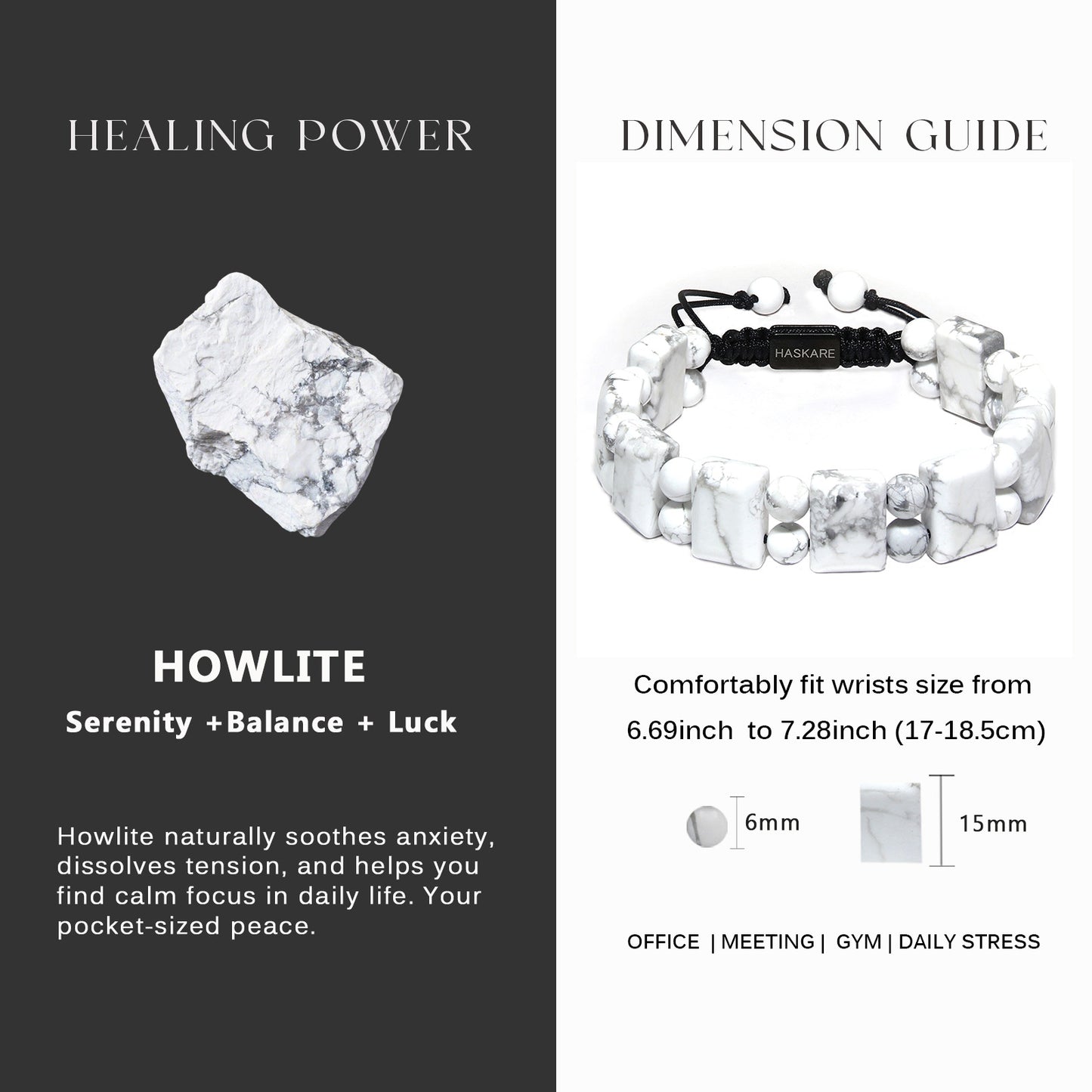 Natural Stone Howlite Rectangular Bead Bracelets (Black Rope)