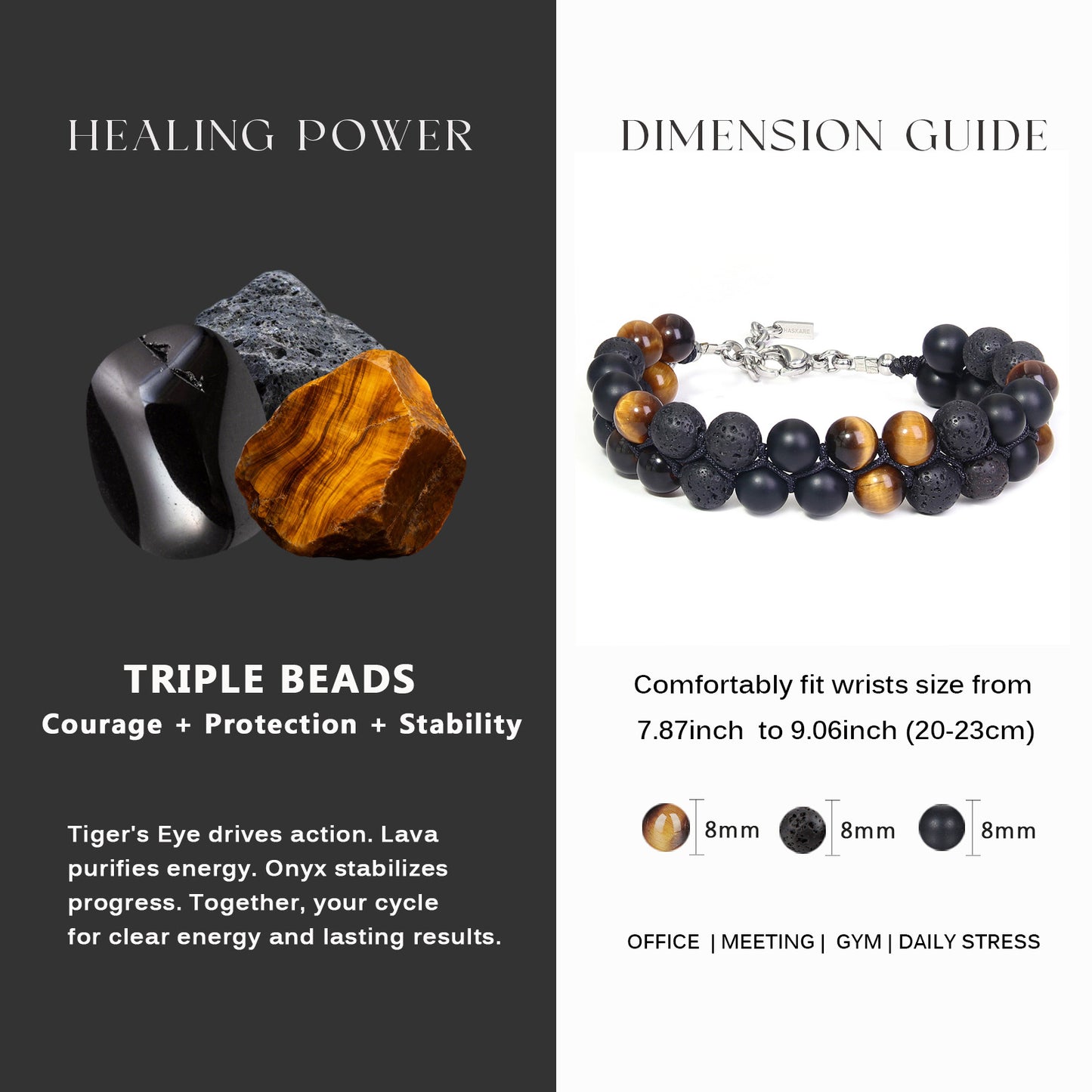 7.5"Triple Protection Bracelet( Tiger Eye Lava Onyx)