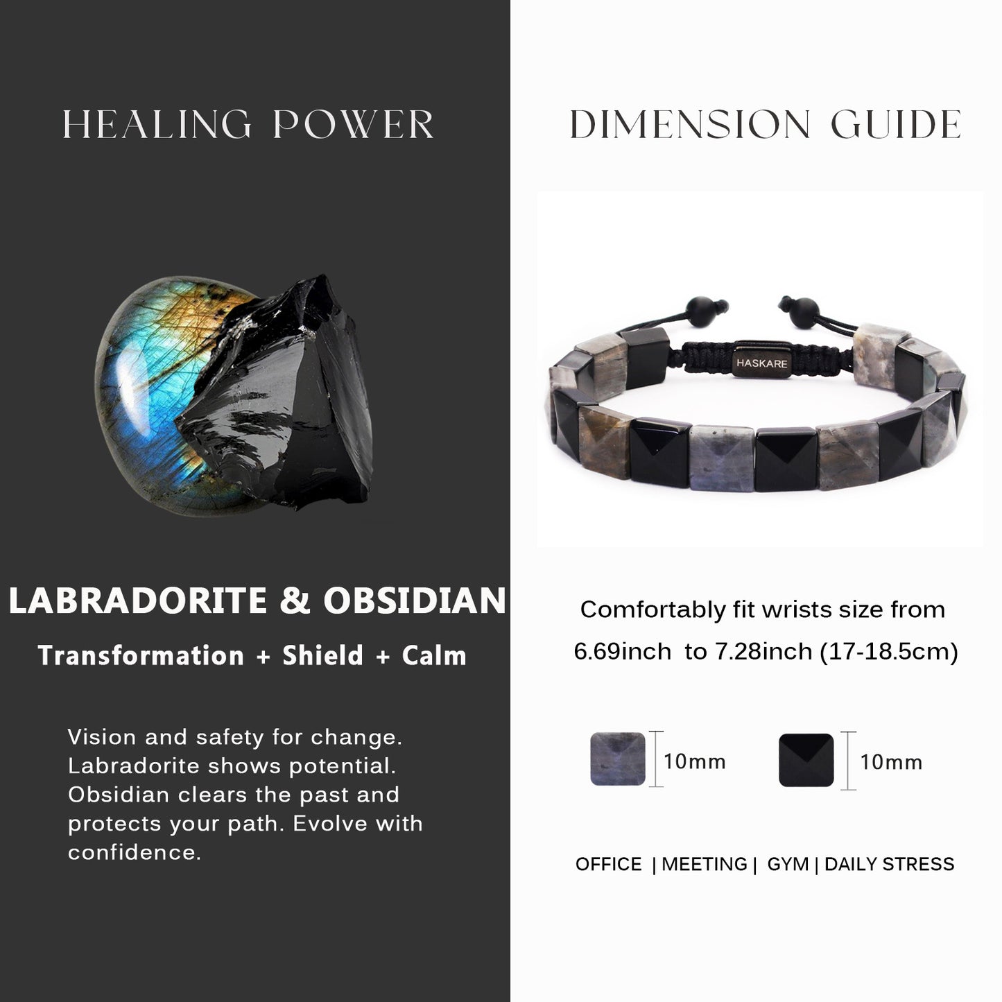 Labradorite & Obsidian Flatbead Pyramid Bracelet