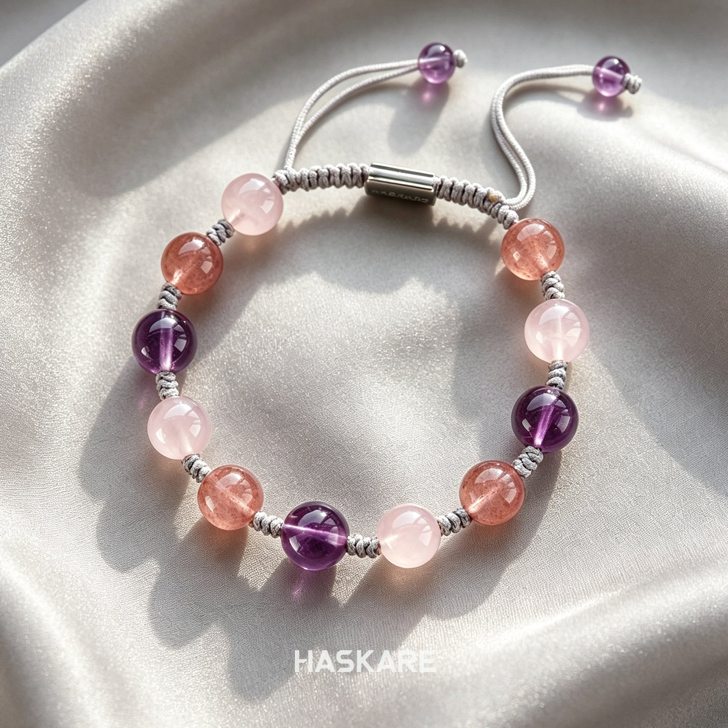 Amethyst, Strawberry Quartz, and Clear Quartz Bracelet