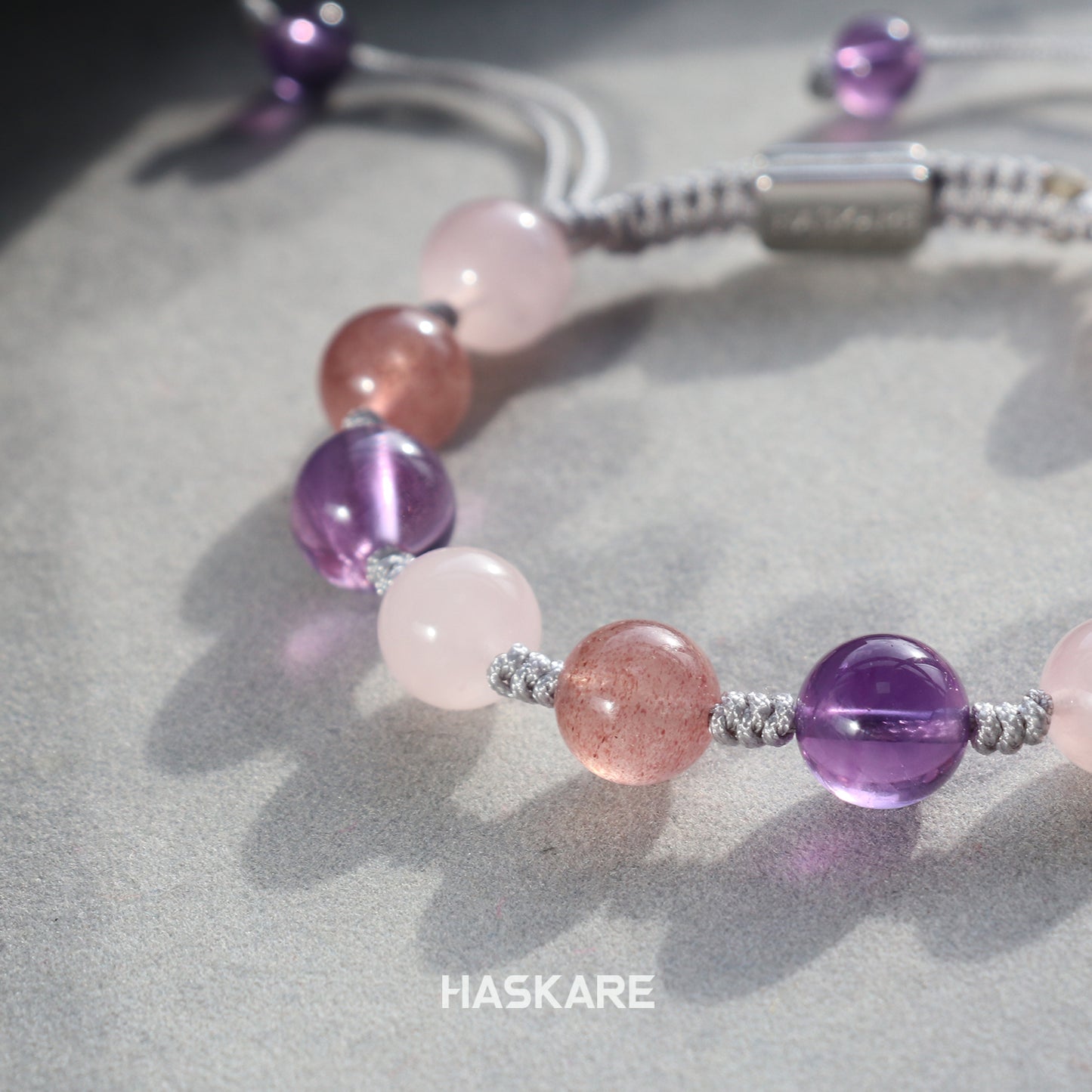 Amethyst, Strawberry Quartz, and Clear Quartz Bracelet