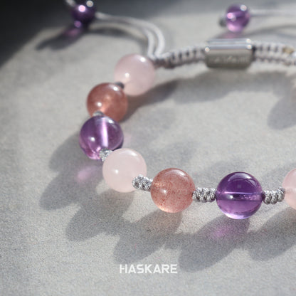 Amethyst, Strawberry Quartz, and Clear Quartz Bracelet