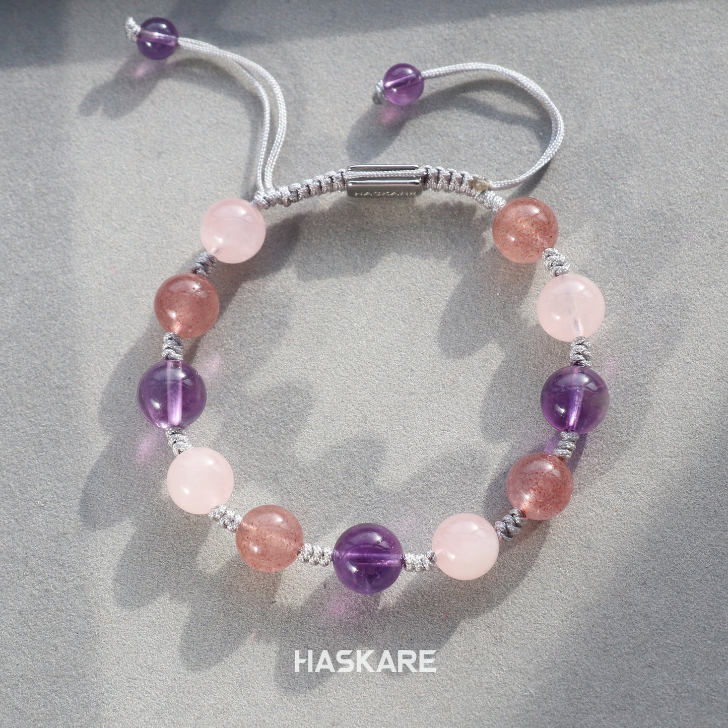 Amethyst, Strawberry Quartz, and Clear Quartz Bracelet