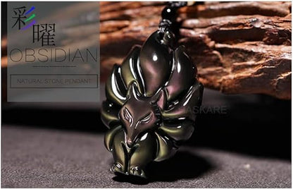 Energy Stone Pendant Engraved Black Obsidian Fox Necklace