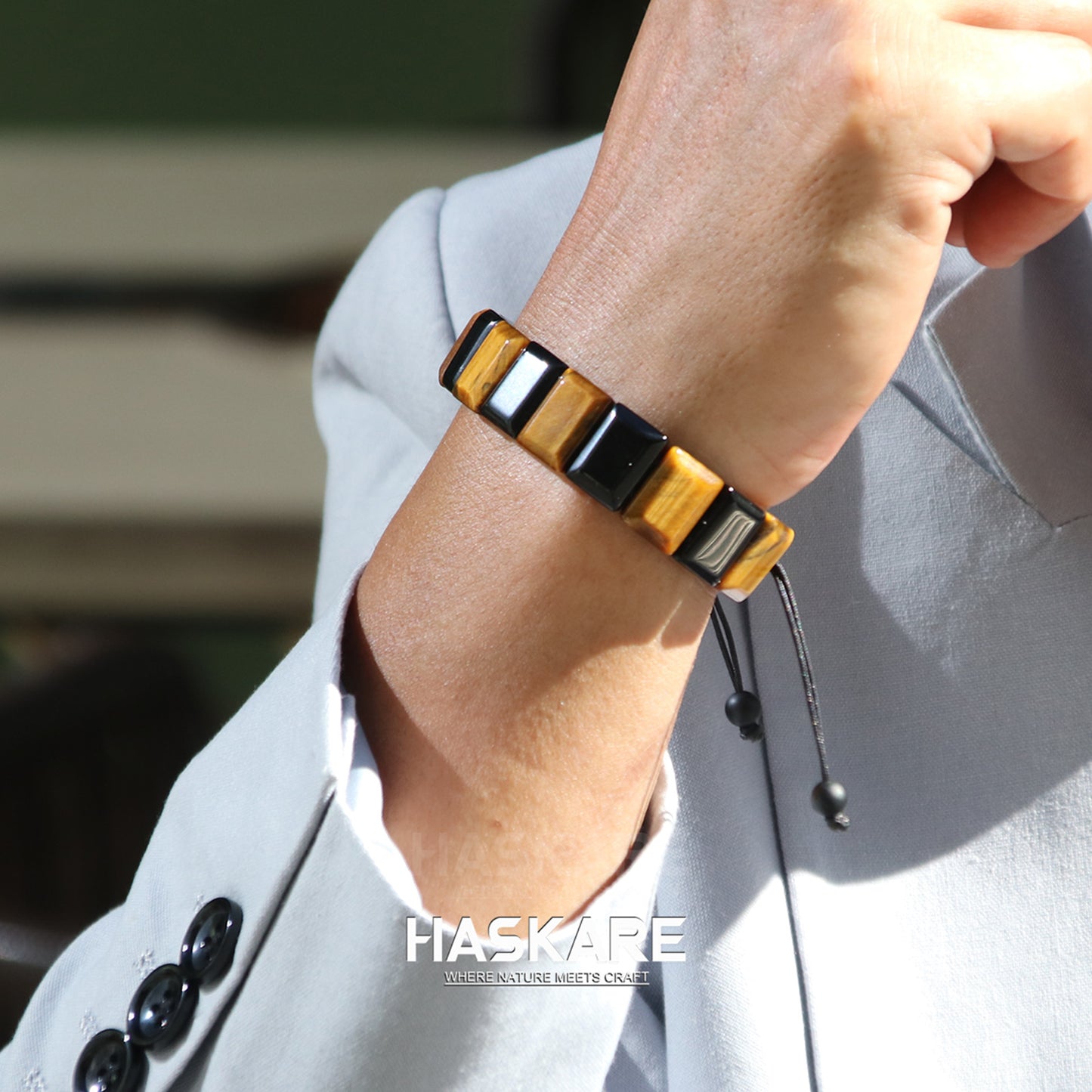 Handmade Tiger Eye Obsidian Flatbead Bracelet 7.5"