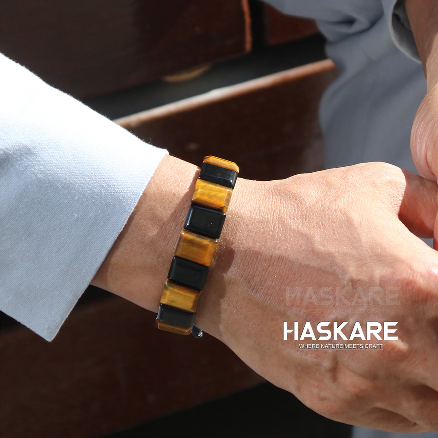 Handmade Tiger Eye Obsidian Flatbead Bracelet 7.5"