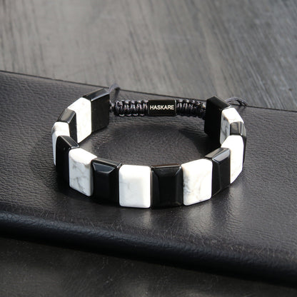 Handmade Howlite Black Obsidian Flat Beaded Bracelet 8"