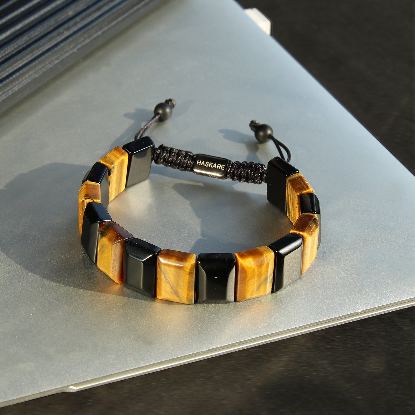 Handmade Tiger Eye Obsidian Flatbead Bracelet 8"