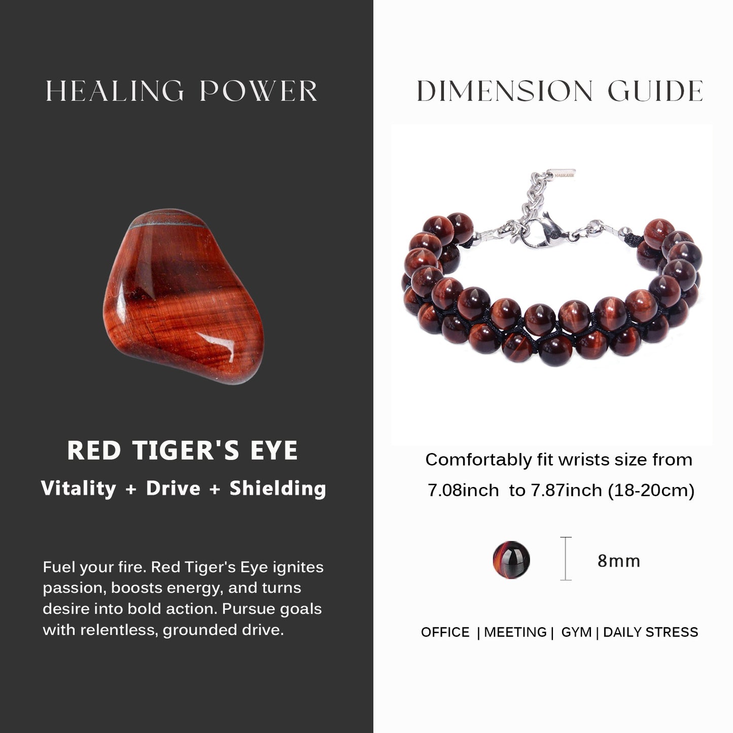 7"Red Tiger Eye Double Row Bracelet (316L Stainless Steel)