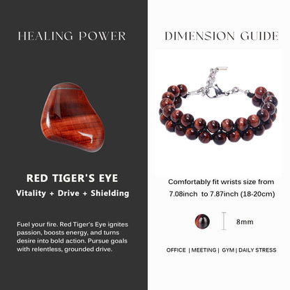 7"Red Tiger Eye Double Row Bracelet (316L Stainless Steel)