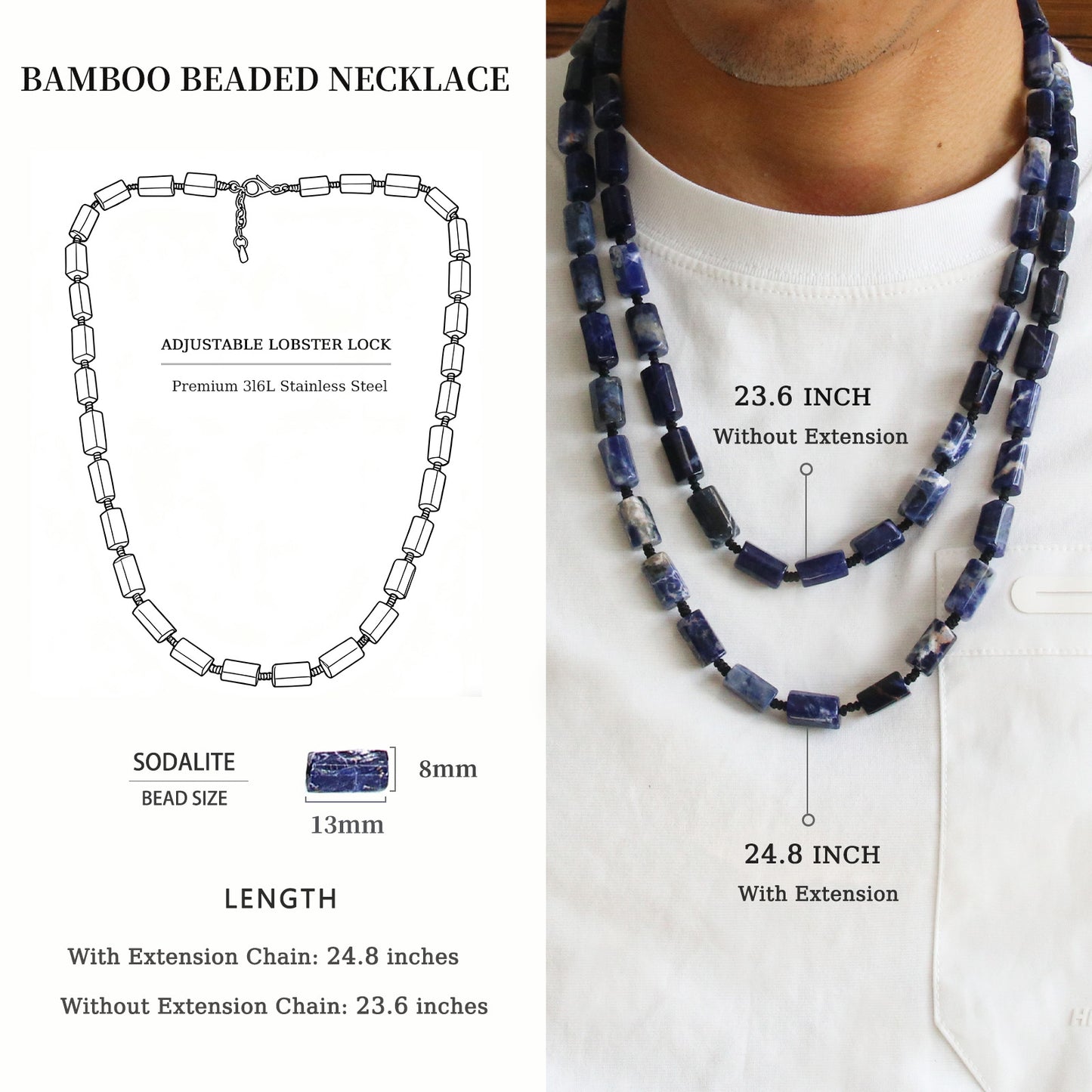 Mens Blue Sodalite Necklace  (23.6-24.8 inches)