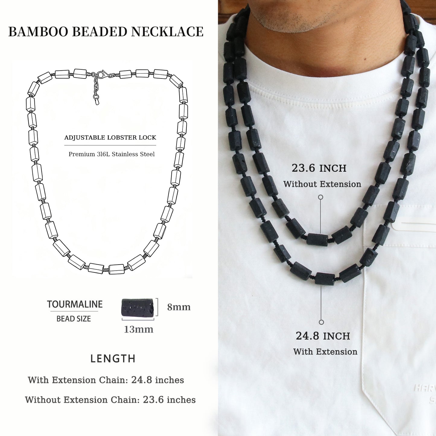 Mens Black Tourmaline Necklace (23.6-24.8 inches)