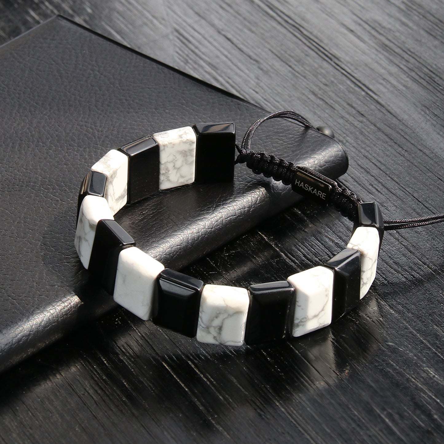 Handmade Howlite Black Obsidian Flat Beaded Bracelet 8"