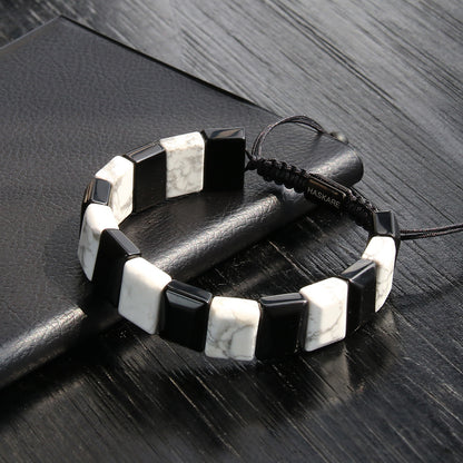 Handmade Howlite Black Obsidian Flat Beaded Bracelet 8"