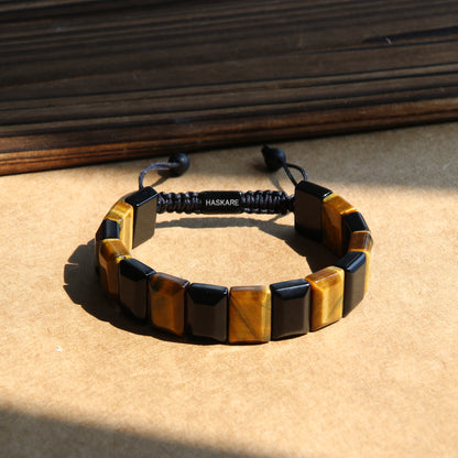 Handmade Tiger Eye Obsidian Flatbead Bracelet 8"