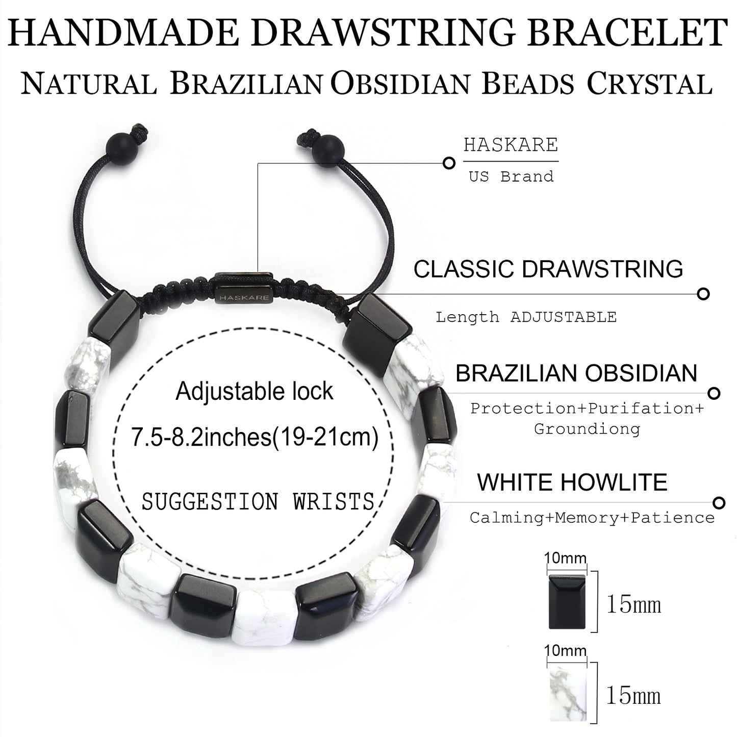 Handmade Howlite Black Obsidian Flat Beaded Bracelet 8"