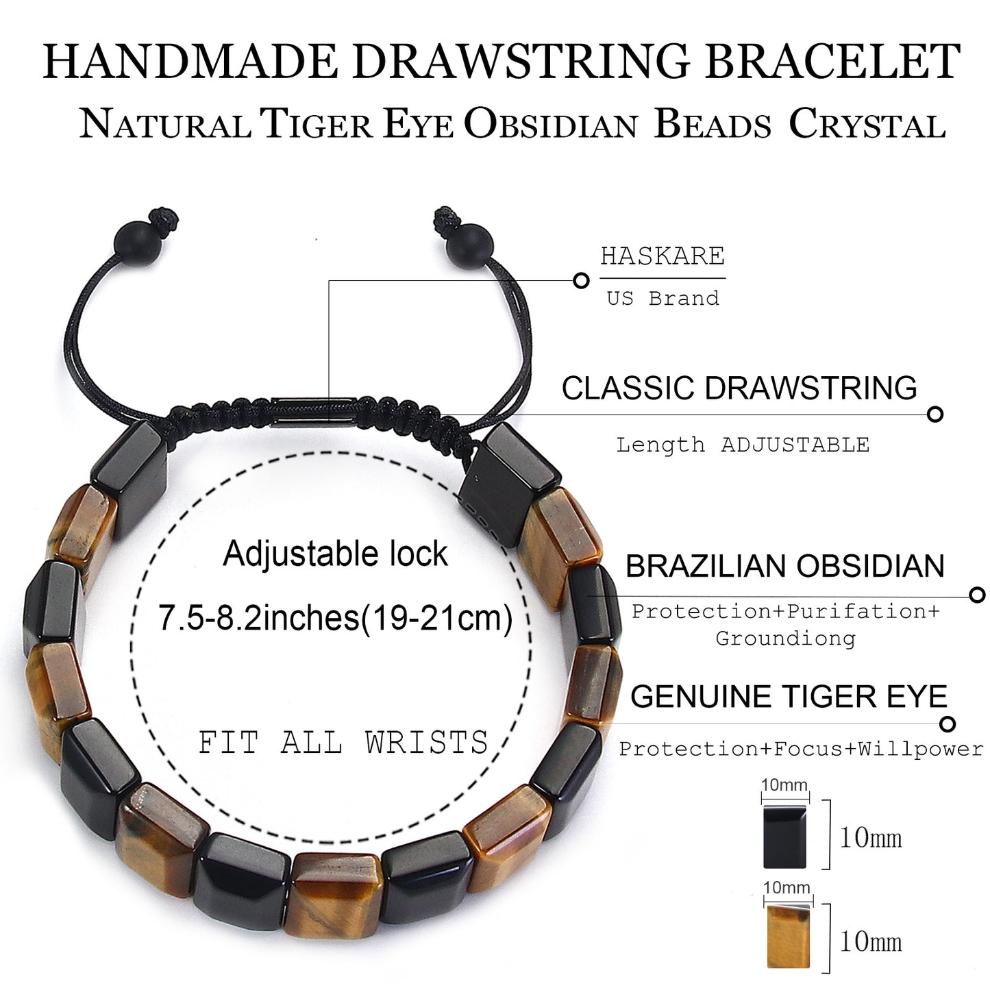 Handmade Tiger Eye Obsidian Flatbead Bracelet 8"