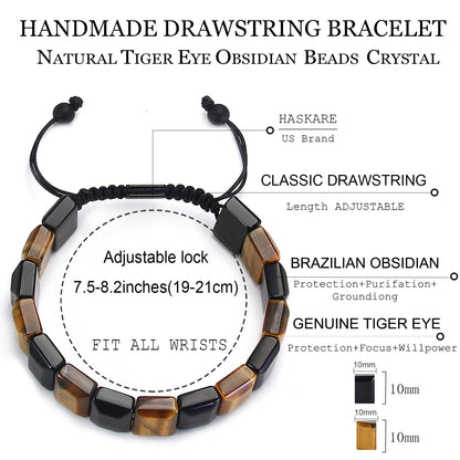 Handmade Tiger Eye Obsidian Flatbead Bracelet 8"