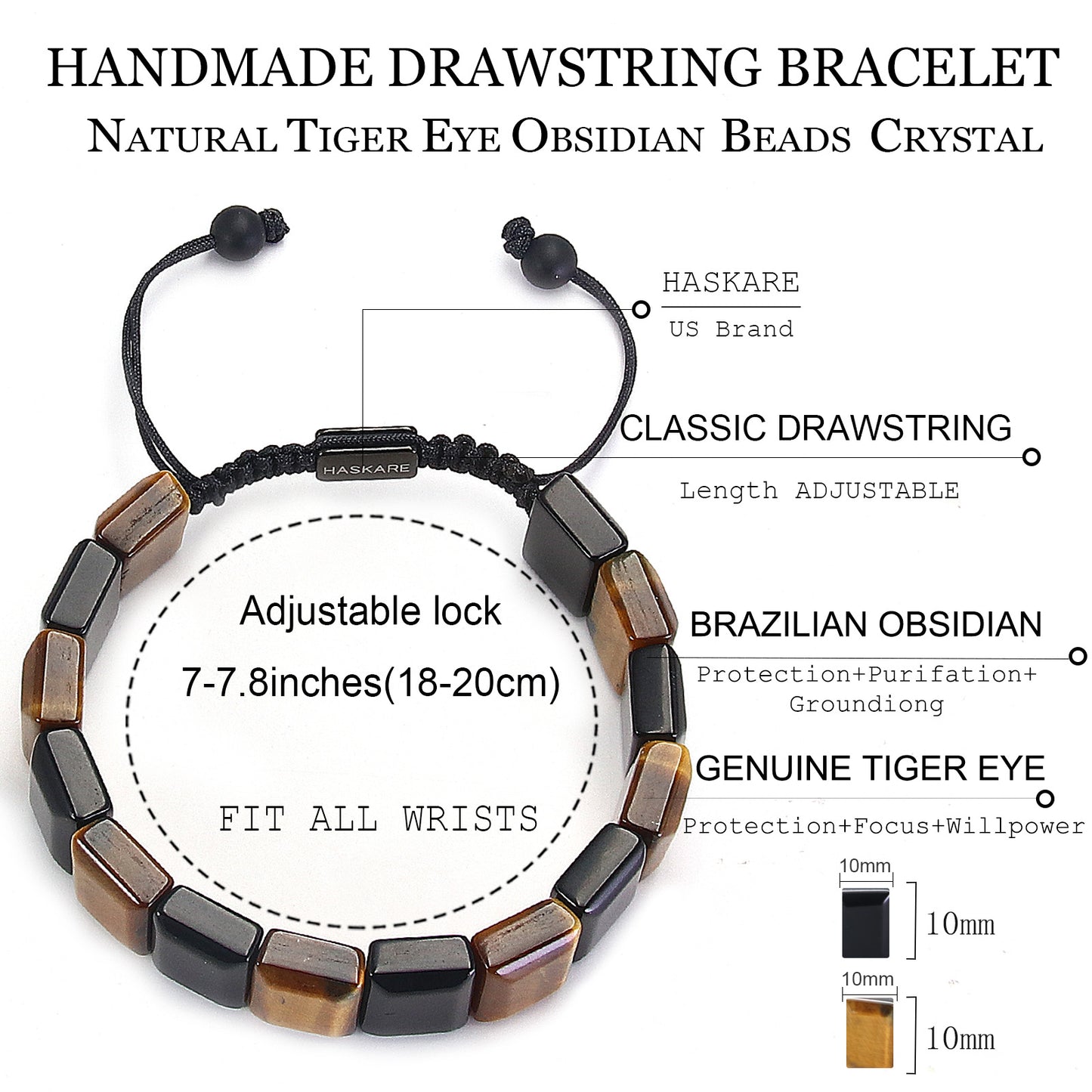 Handmade Tiger Eye Obsidian Flatbead Bracelet 7.5"