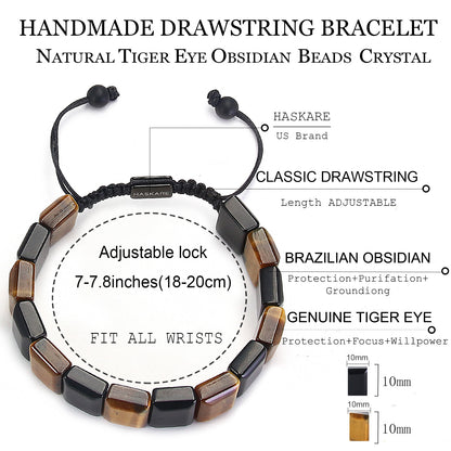 Handmade Tiger Eye Obsidian Flatbead Bracelet 7.5"