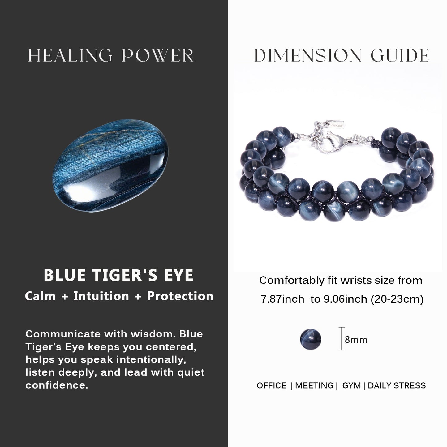 7.5"Blue Tigers Eye Double Row Bracelet (316 Stainless Steel)