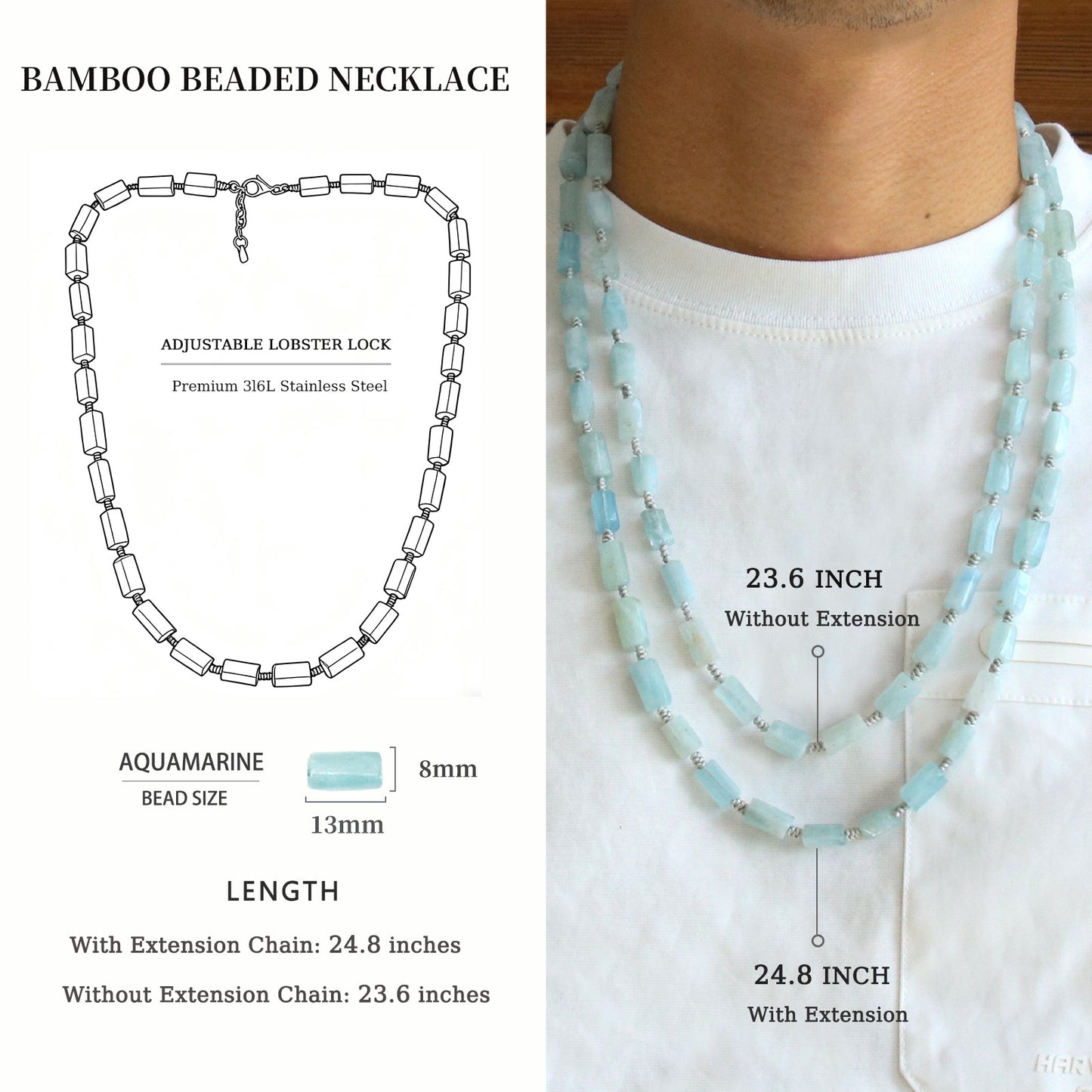 Blue Bead Aquamarine Necklace (23.6-24.8 inches)