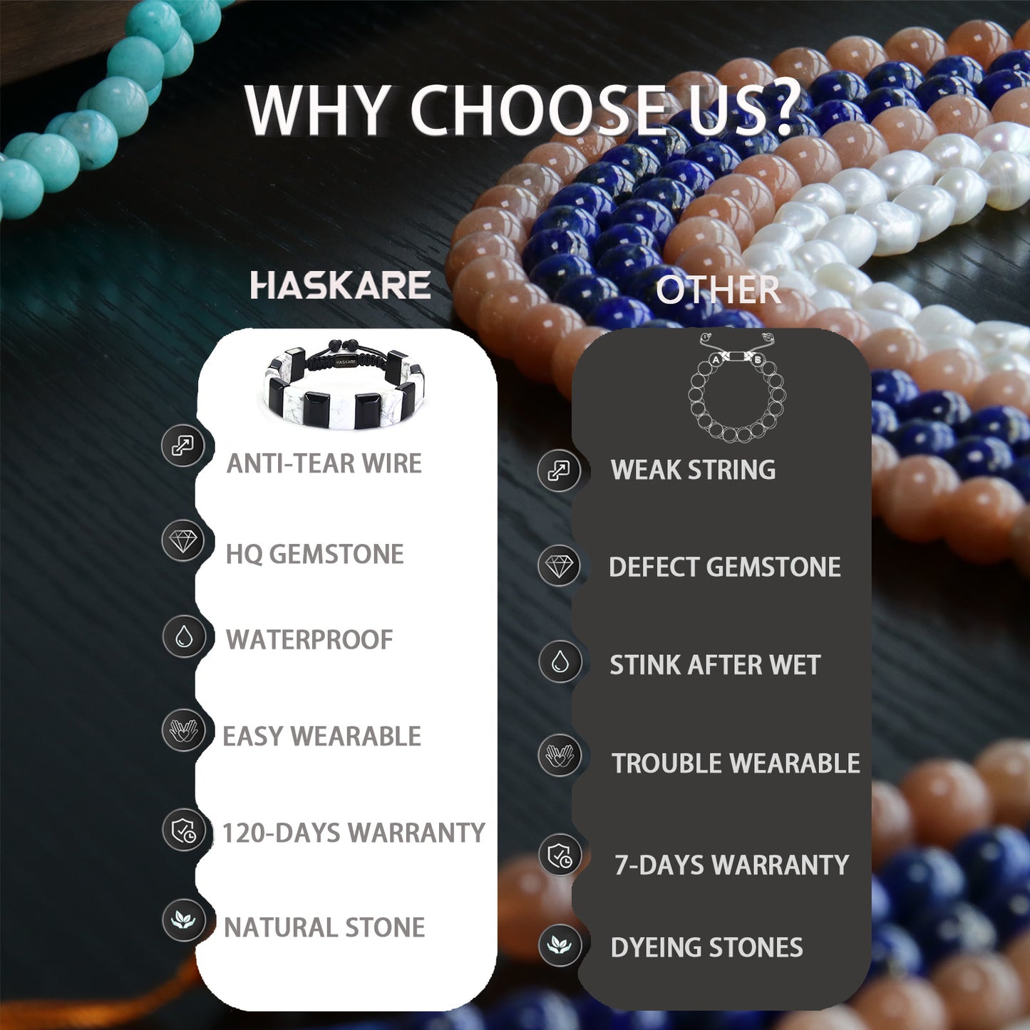 Handmade Howlite Black Obsidian Flat Beaded Bracelet 8"