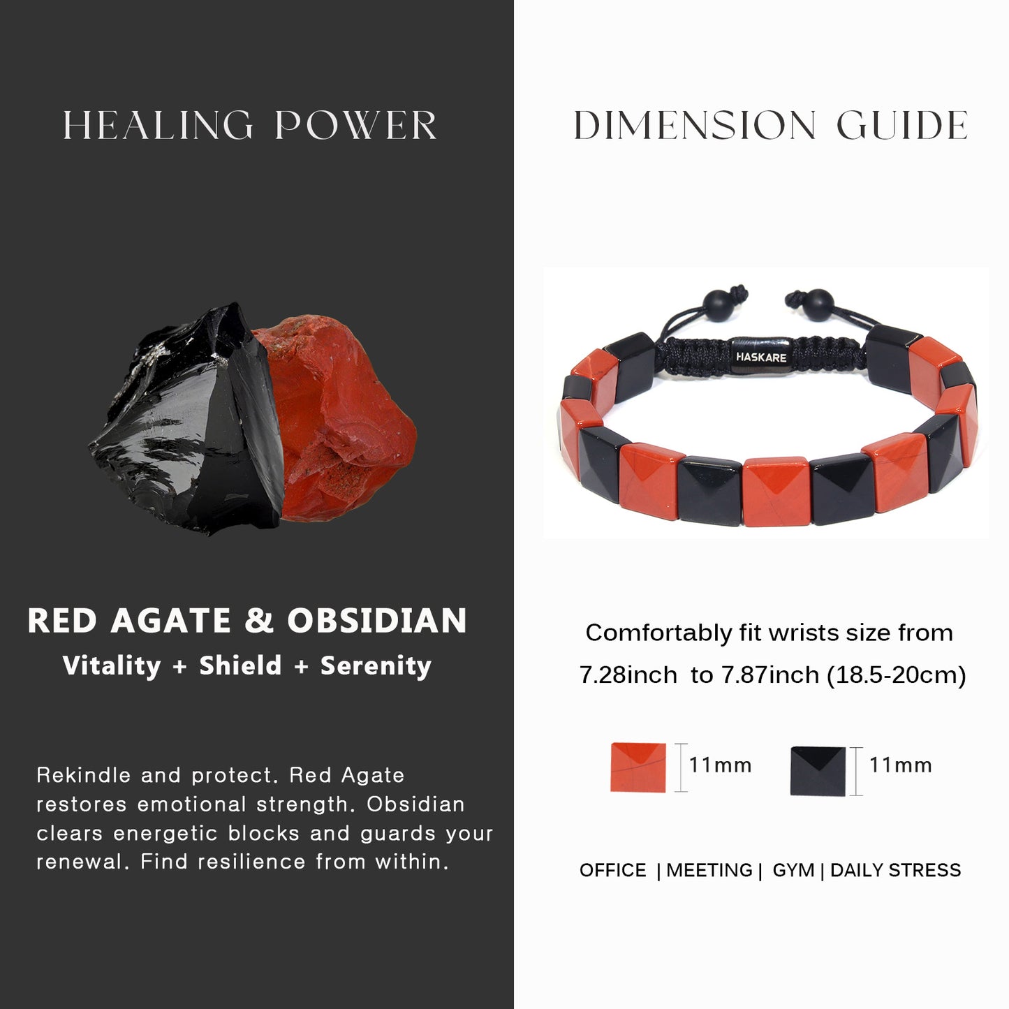Red Jasper Obsidian Bracelet (Square Bead) 7.5”