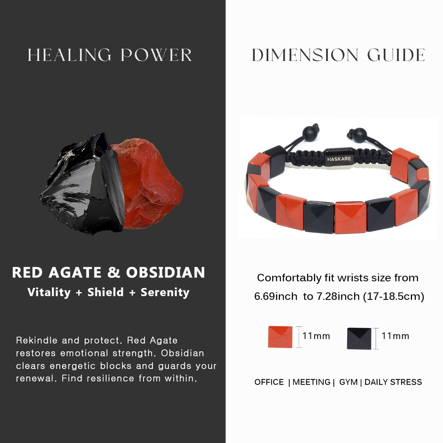 Red Jasper Obsidian Bracelet (Square Bead) 7.5”