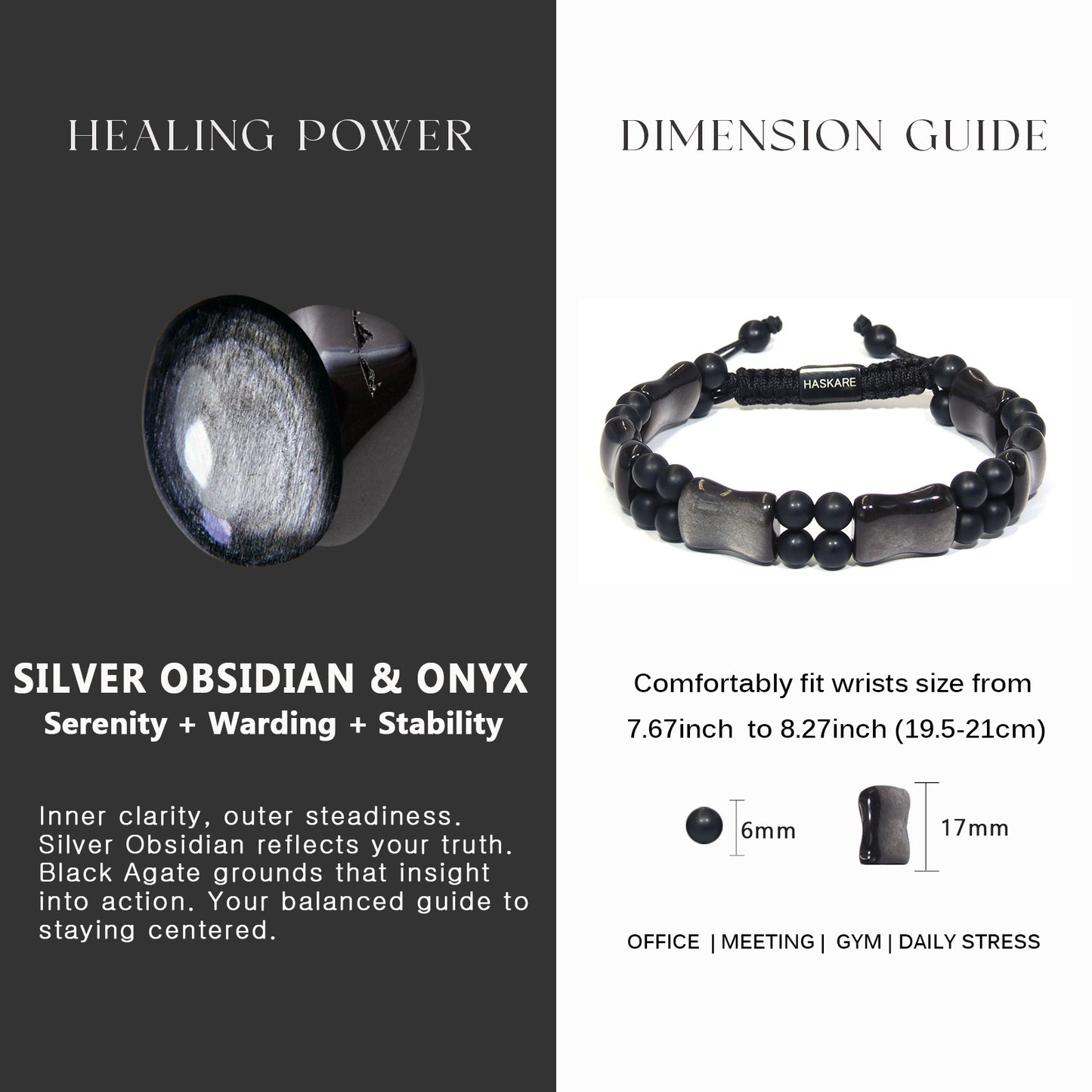 Silver Obsidian Bamboo Bracelet 7.5"