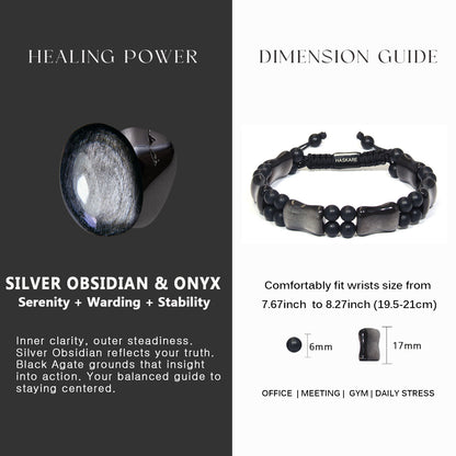 Silver Obsidian Bamboo Bracelet 7.5"