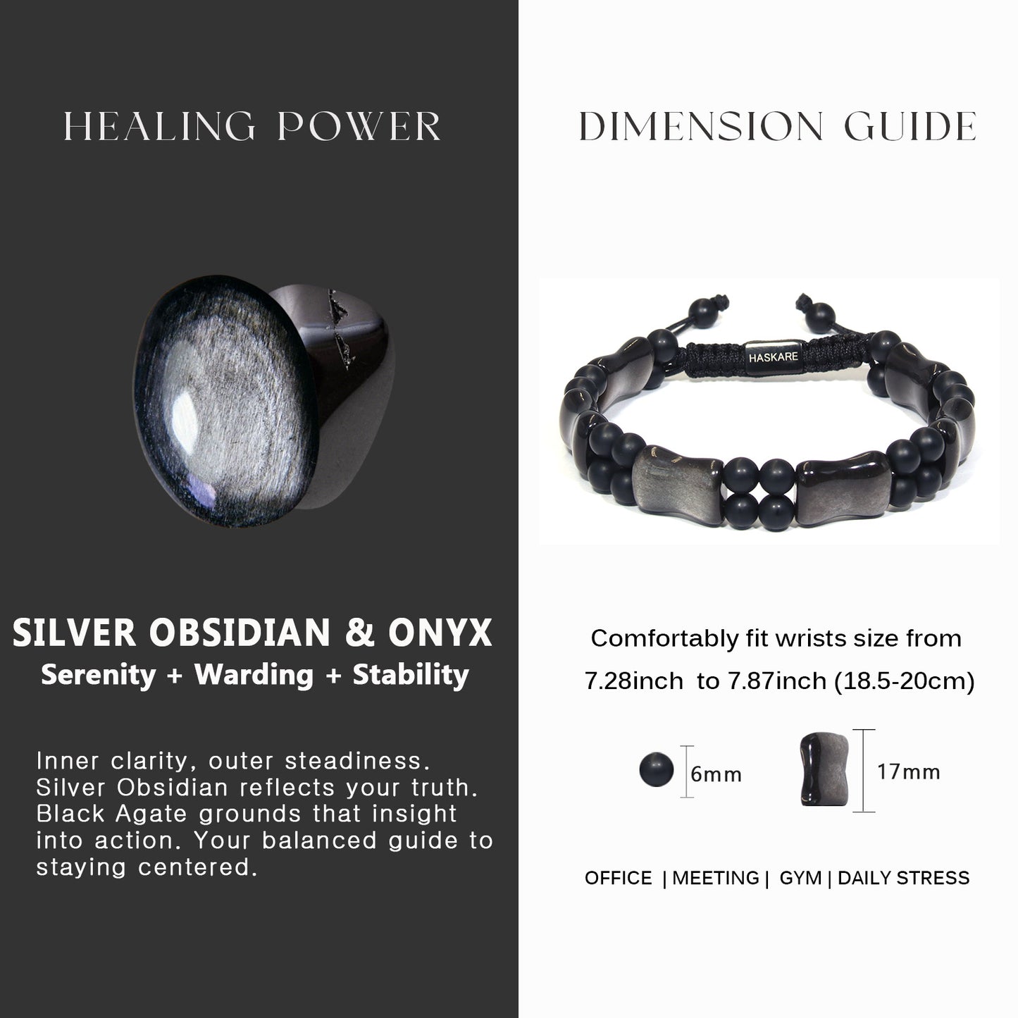 Silver Obsidian Bamboo Bracelet 7.5"